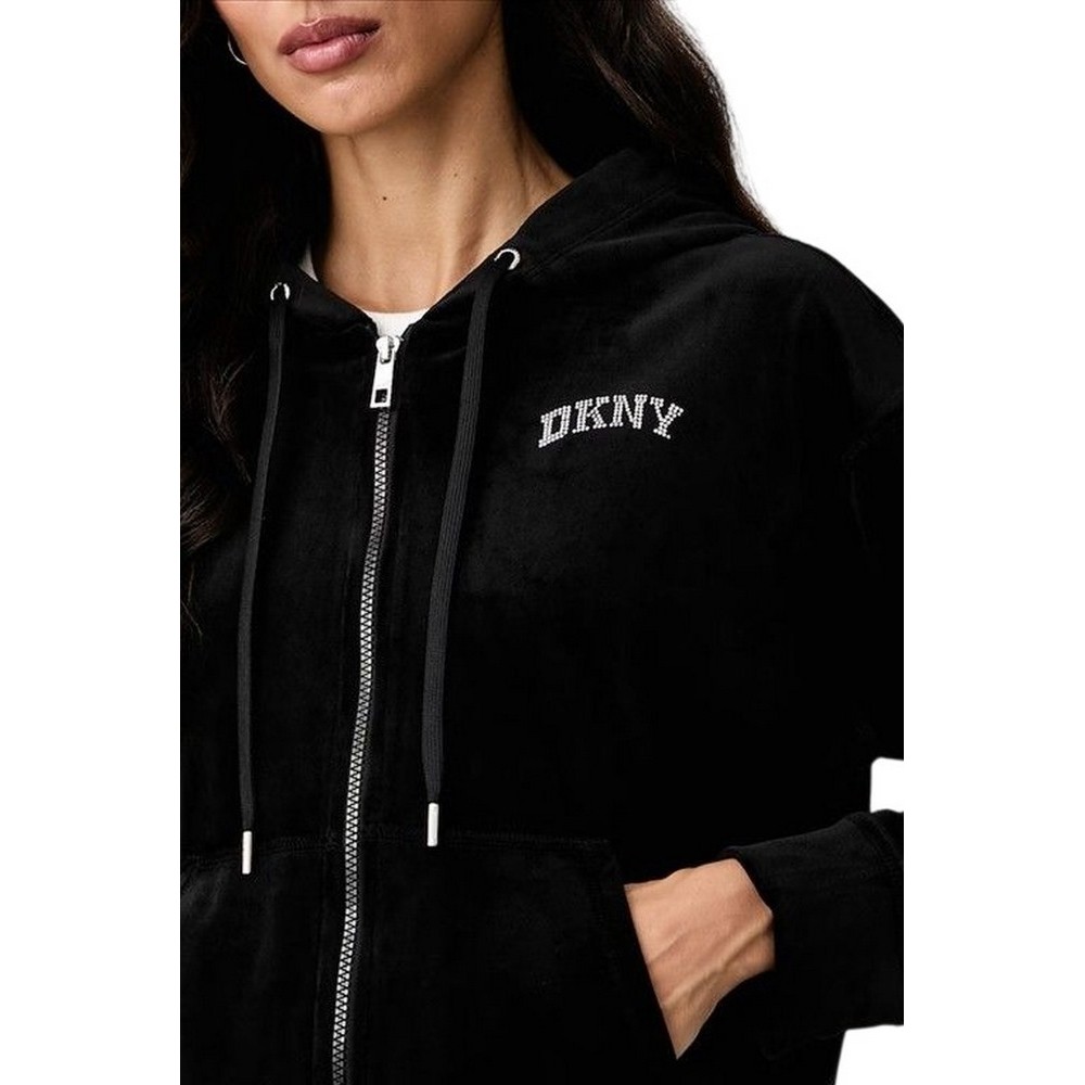 DKNY VARSITY VELOUR RHINESTONE LOGO FULL ZIP SWEATRHIRT ΖΑΚΕΤΑ ΓΥΝΑΙΚΕΙΑ BLACK