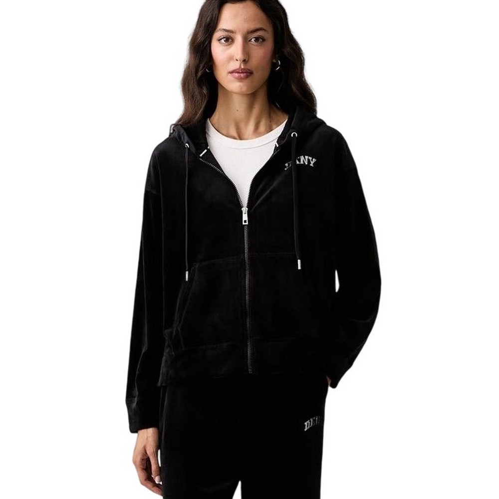 DKNY VARSITY VELOUR RHINESTONE LOGO FULL ZIP SWEATRHIRT ΖΑΚΕΤΑ ΓΥΝΑΙΚΕΙΑ BLACK