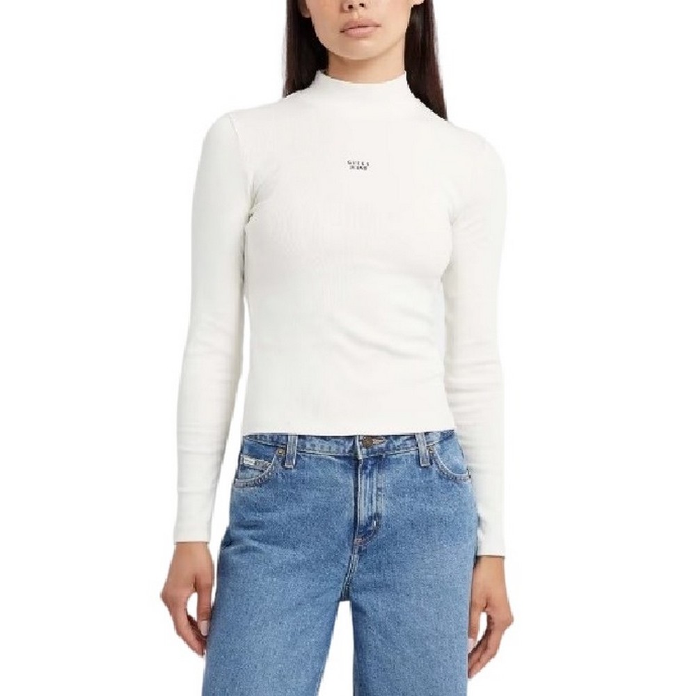 GUESS JEANS LS MOCK NECK EMBRO SLIM TOP ΜΠΛΟΥΖΑ ΓΥΝΑΙΚΕΙΑ OFF WHITE