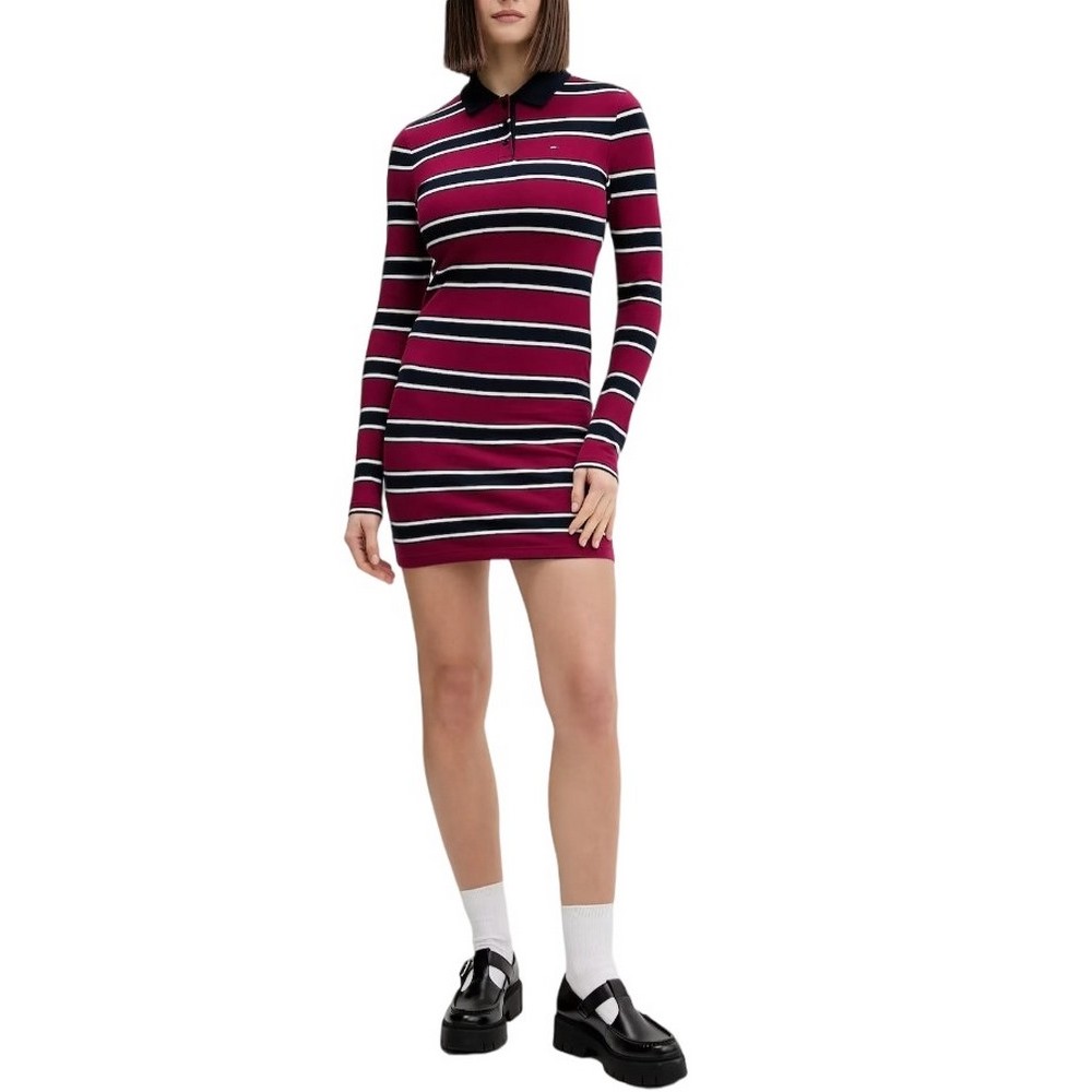 TOMMY JEANS MINI POLO STRIPE LS DRESS ΦΟΡΕΜΑ ΓΥΝΑΙΚΕΙΟ BORDEAUX