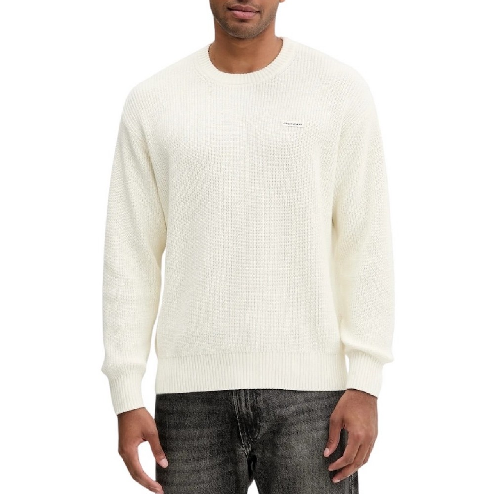 GUESS JEANS LS CN OS PATCH SWTR ΜΠΛΟΥΖΑ ΠΛΕΚΤΗ ΑΝΔΡΙΚΗ OFF WHITE