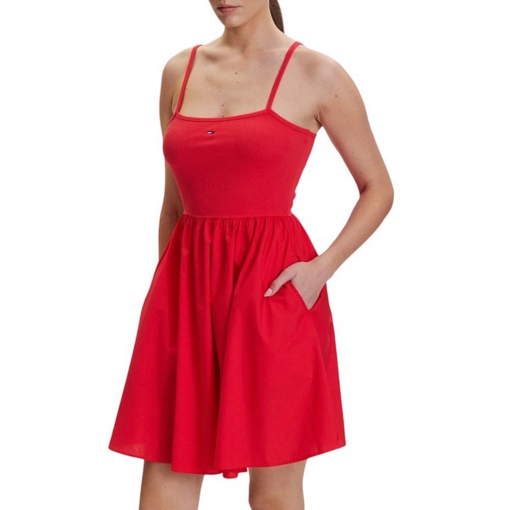 TOMMY JEANS RIB POPLIN MIX STRAPPY DRESS ΦΟΡΕΜΑ ΓΥΝΑΙΚΕΙΟ RED ALERT