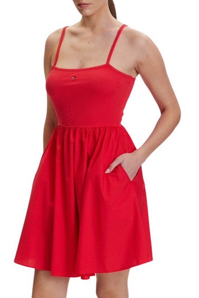 TOMMY JEANS RIB POPLIN MIX STRAPPY DRESS ΦΟΡΕΜΑ ΓΥΝΑΙΚΕΙΟ RED ALERT