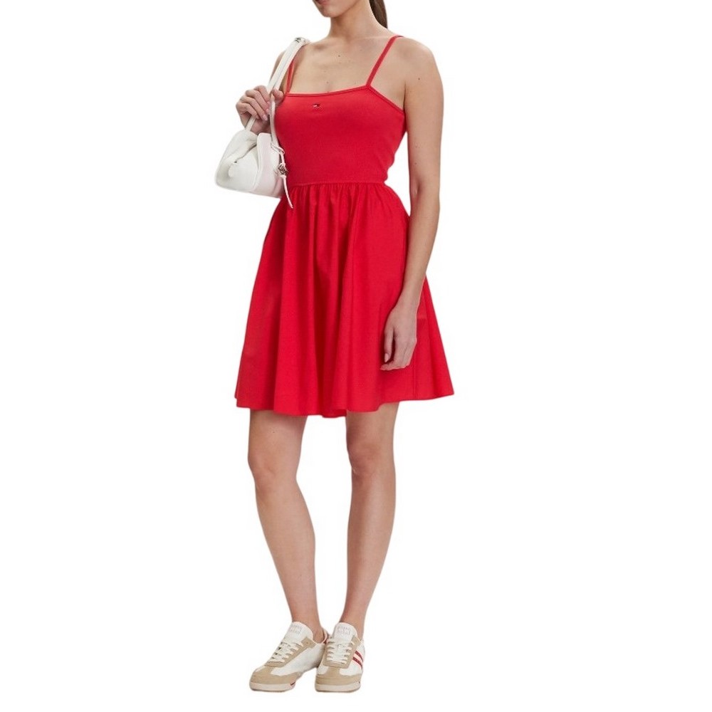 TOMMY JEANS RIB POPLIN MIX STRAPPY DRESS ΦΟΡΕΜΑ ΓΥΝΑΙΚΕΙΟ RED ALERT