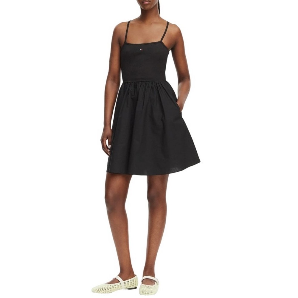 TOMMY JEANS RIB POPLIN MIX STRAPPY DRESS ΦΟΡΕΜΑ ΓΥΝΑΙΚΕΙΟ BLACK