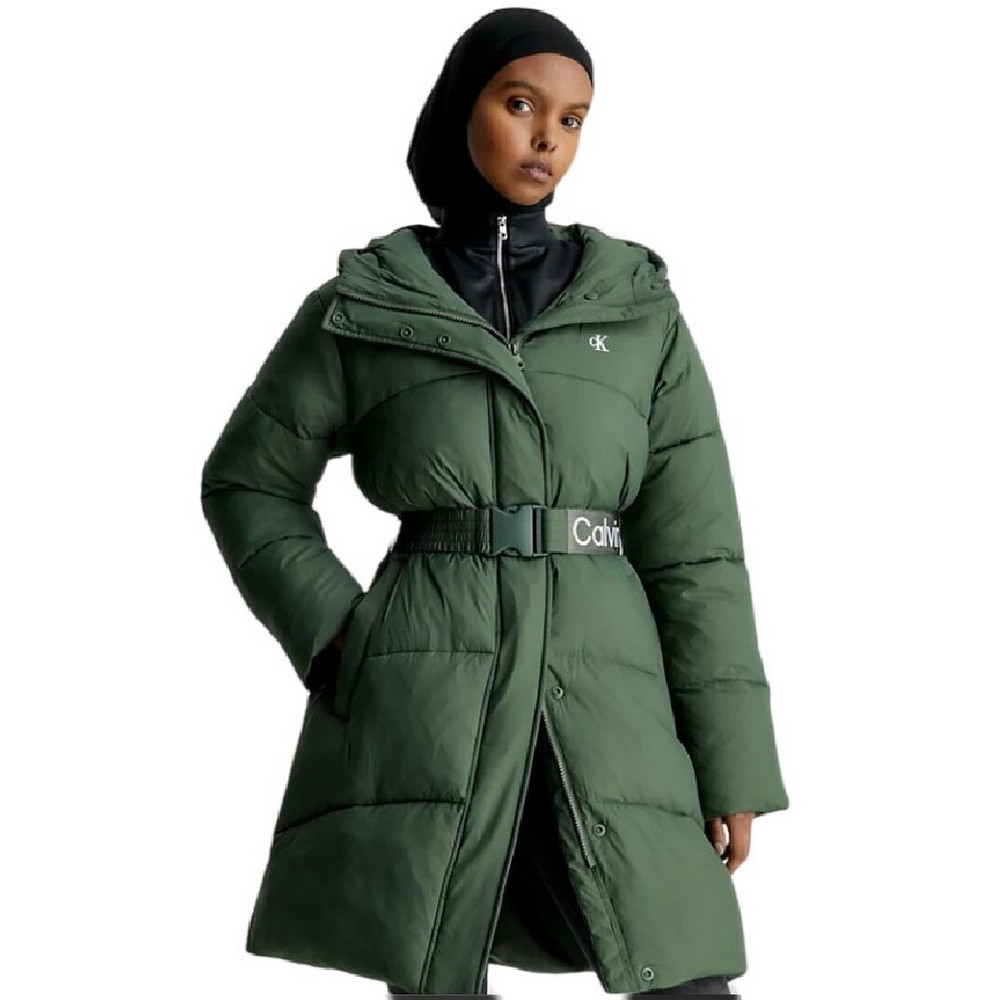 CALVIN KLEIN JEANS LOGO BELT LONG PUFFER ΜΠΟΥΦΑΝ ΓΥΝΑΙΚΕΙΟ GREEN