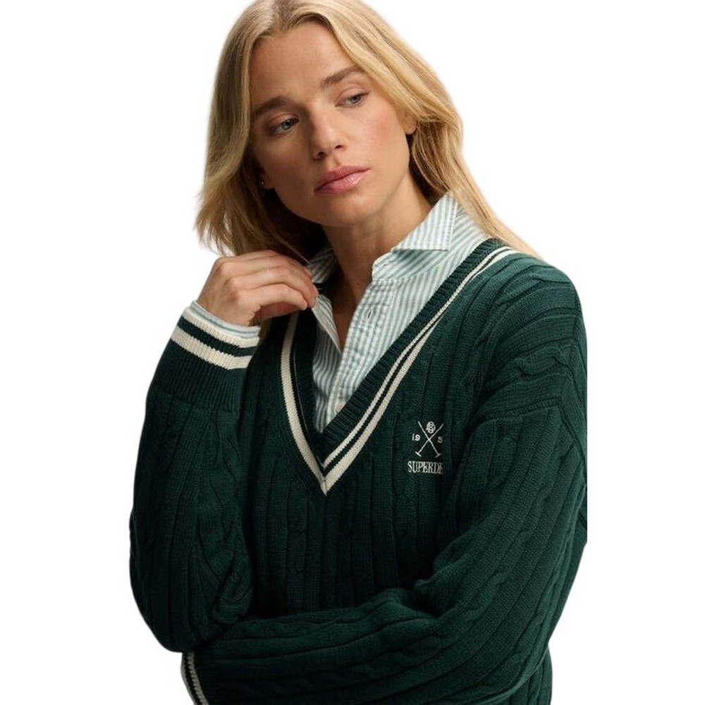 SUPERDRY D2 STUD CRICKET CLUB JUMPER ΜΠΛΟΥΖΑ ΠΛΕΚΤΗ ΓΥΝΑΙΚΕΙΑ GREEN