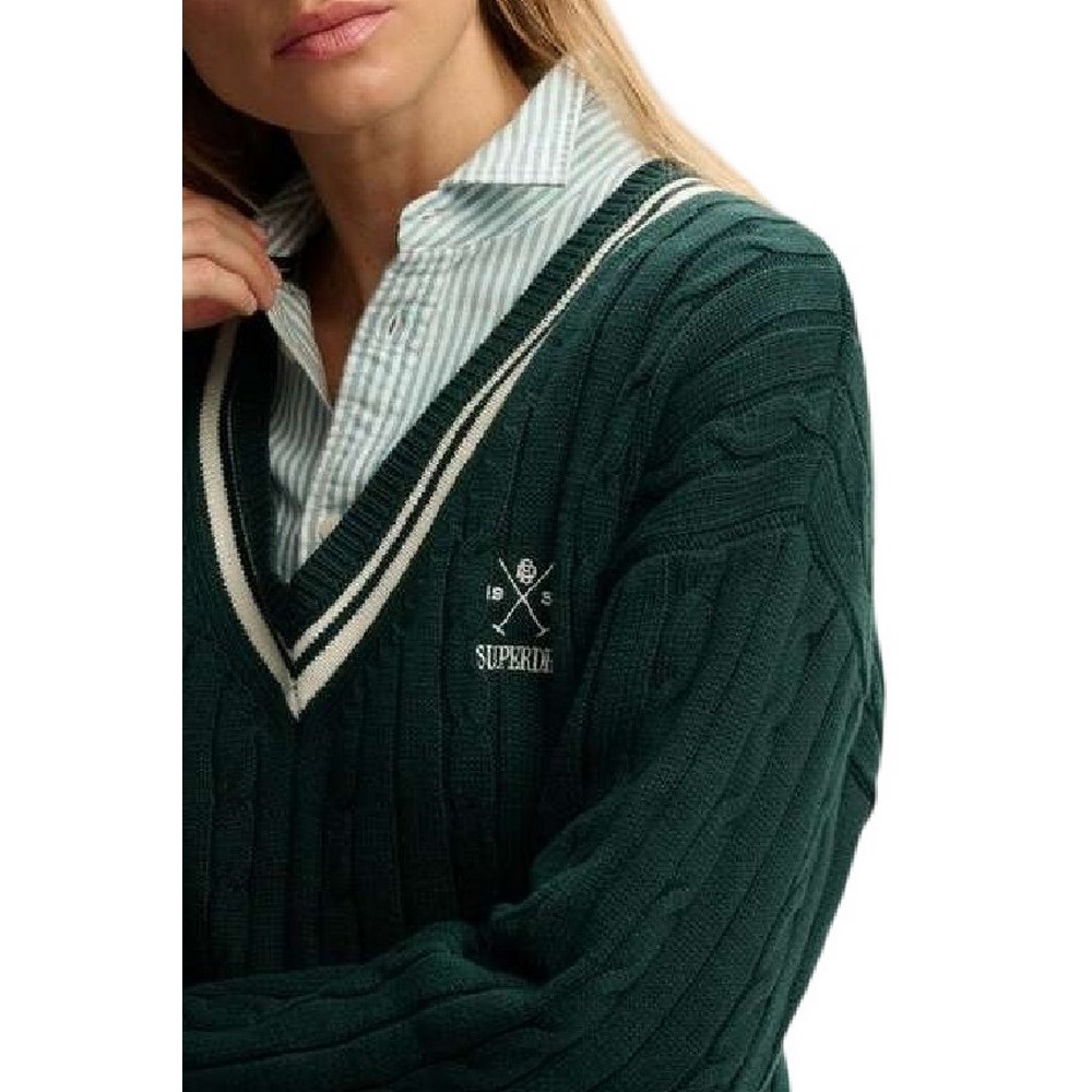 SUPERDRY D2 STUD CRICKET CLUB JUMPER ΜΠΛΟΥΖΑ ΠΛΕΚΤΗ ΓΥΝΑΙΚΕΙΑ GREEN