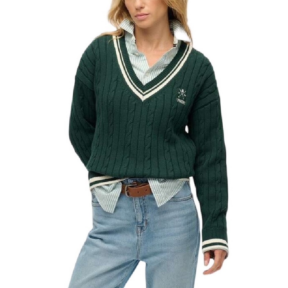 SUPERDRY D2 STUD CRICKET CLUB JUMPER ΜΠΛΟΥΖΑ ΠΛΕΚΤΗ ΓΥΝΑΙΚΕΙΑ GREEN