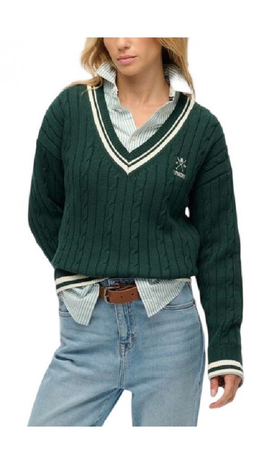 SUPERDRY D2 STUD CRICKET CLUB JUMPER ΜΠΛΟΥΖΑ ΠΛΕΚΤΗ ΓΥΝΑΙΚΕΙΑ GREEN