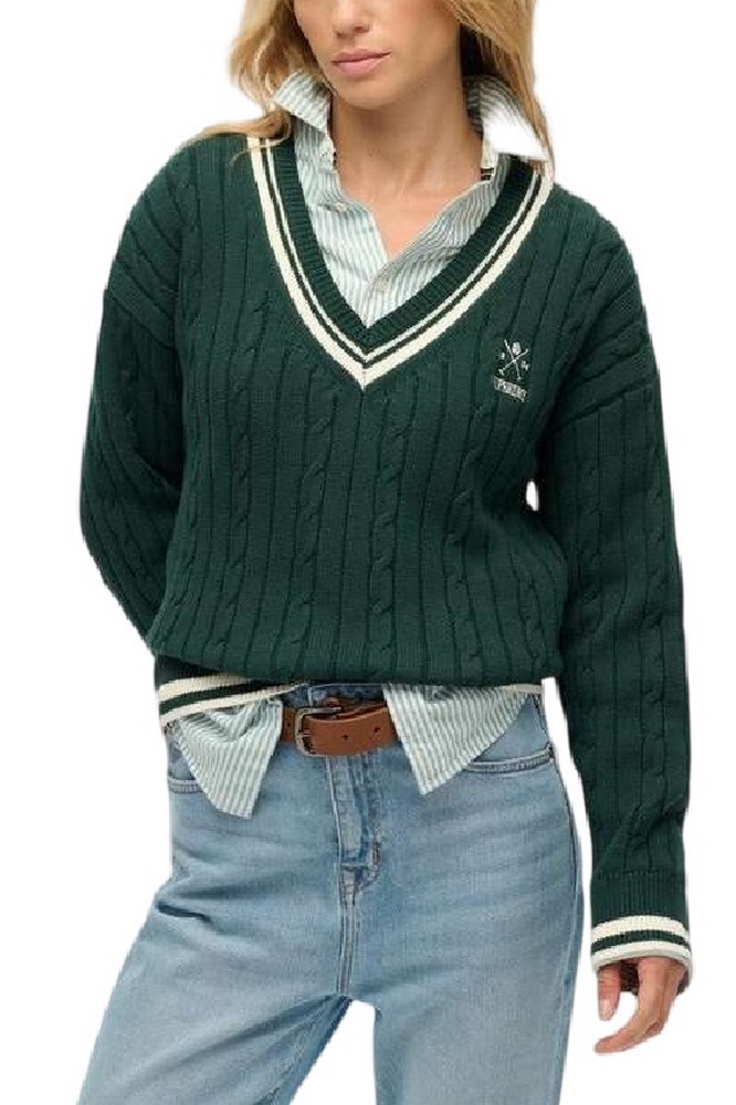 SUPERDRY D2 STUD CRICKET CLUB JUMPER ΜΠΛΟΥΖΑ ΠΛΕΚΤΗ ΓΥΝΑΙΚΕΙΑ GREEN