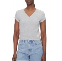 CALVIN KLEIN JEANS  WOVEN LABEL RIB VNECK T-SHIRT ΜΠΛΟΥΖΑ ΓΥΝΑΙΚΕΙΑ GREY