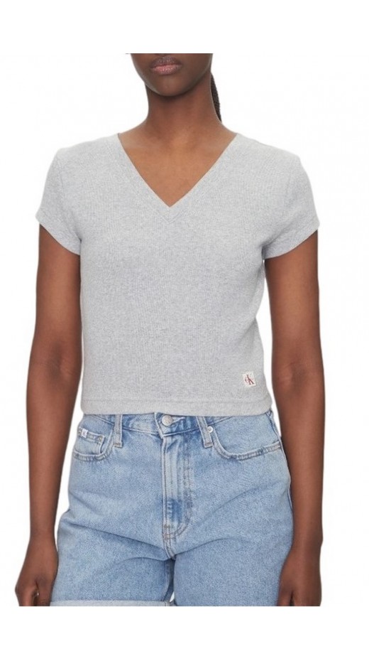 CALVIN KLEIN JEANS  WOVEN LABEL RIB VNECK T-SHIRT ΜΠΛΟΥΖΑ ΓΥΝΑΙΚΕΙΑ GREY