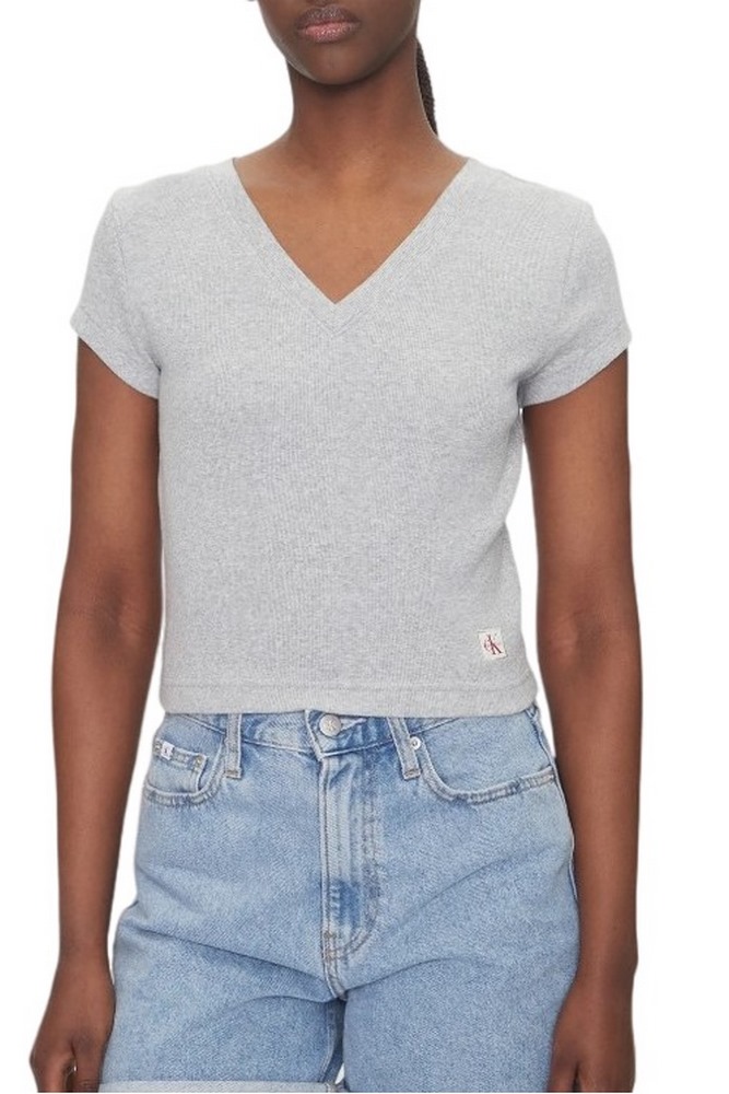 CALVIN KLEIN JEANS  WOVEN LABEL RIB VNECK T-SHIRT ΜΠΛΟΥΖΑ ΓΥΝΑΙΚΕΙΑ GREY