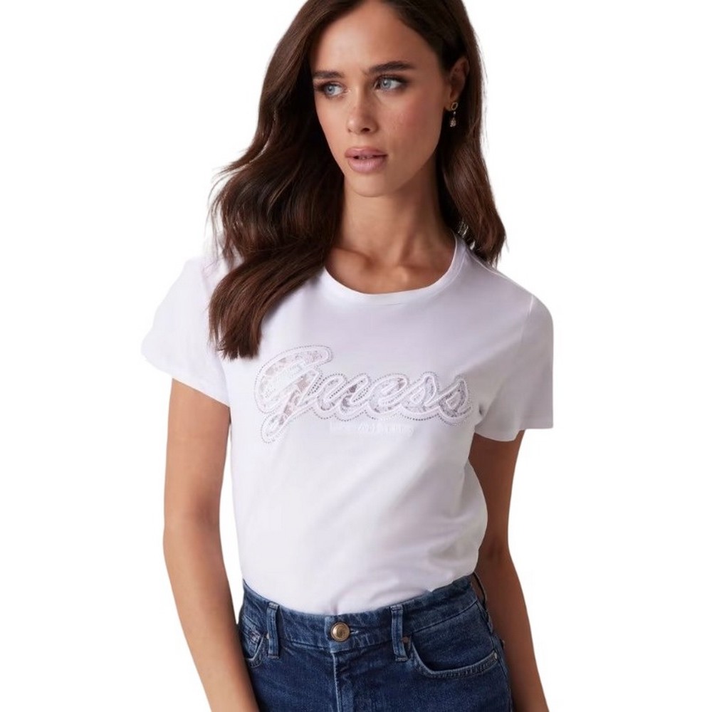 GUESS SS SCRIPT LACE LOGO EASY TEE T-SHIRT ΜΠΛΟΥΖΑ ΓΥΝΑΙΚΕΙΑ WHITE