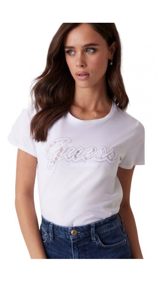 GUESS SS SCRIPT LACE LOGO EASY TEE T-SHIRT ΜΠΛΟΥΖΑ ΓΥΝΑΙΚΕΙΑ WHITE