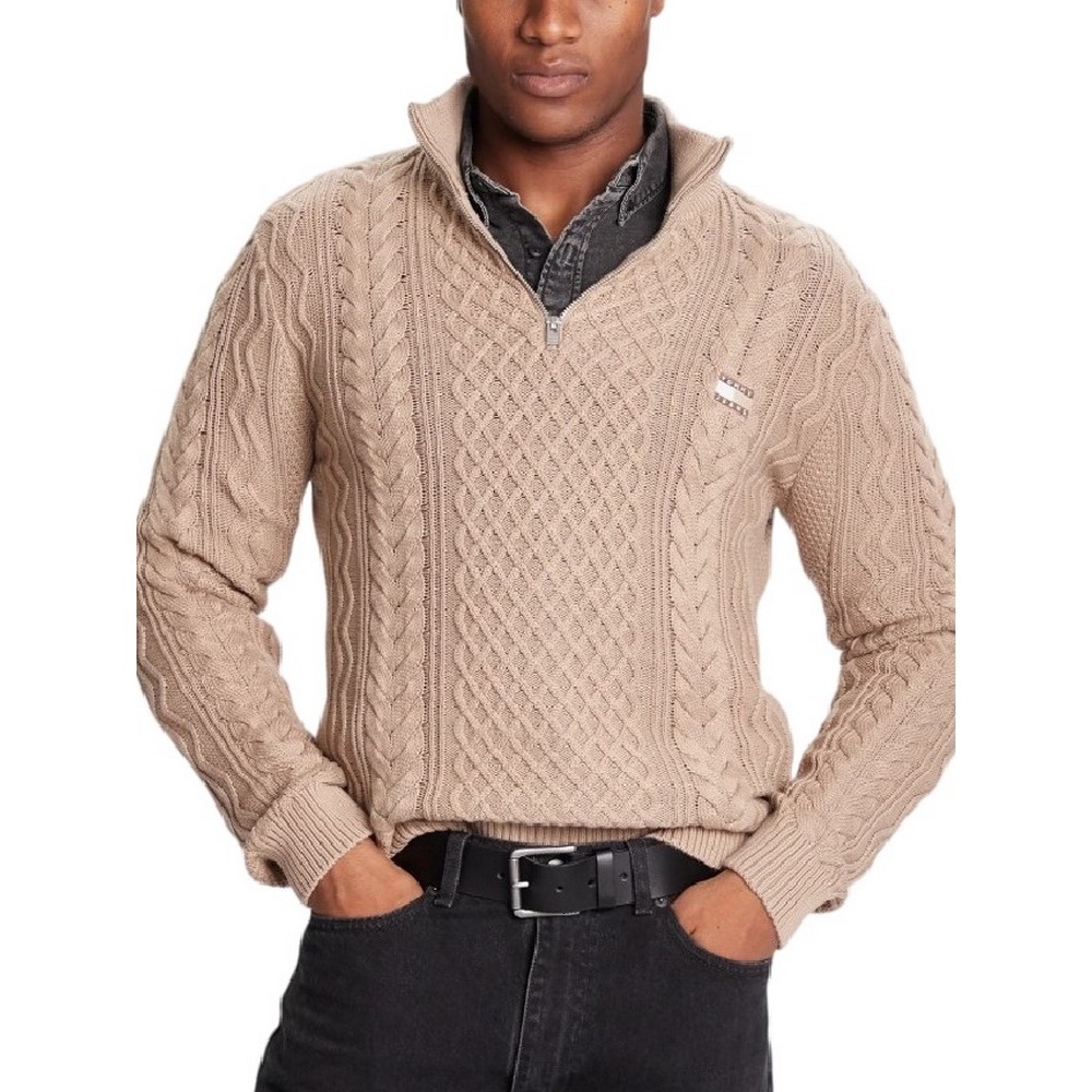 TOMMY JEANS  SLIM BADGE CABLE QRTR ZIP ΜΠΛΟΥΖΑ ΠΛΕΚΤΗ ΑΝΔΡΙΚΗ TAUPE