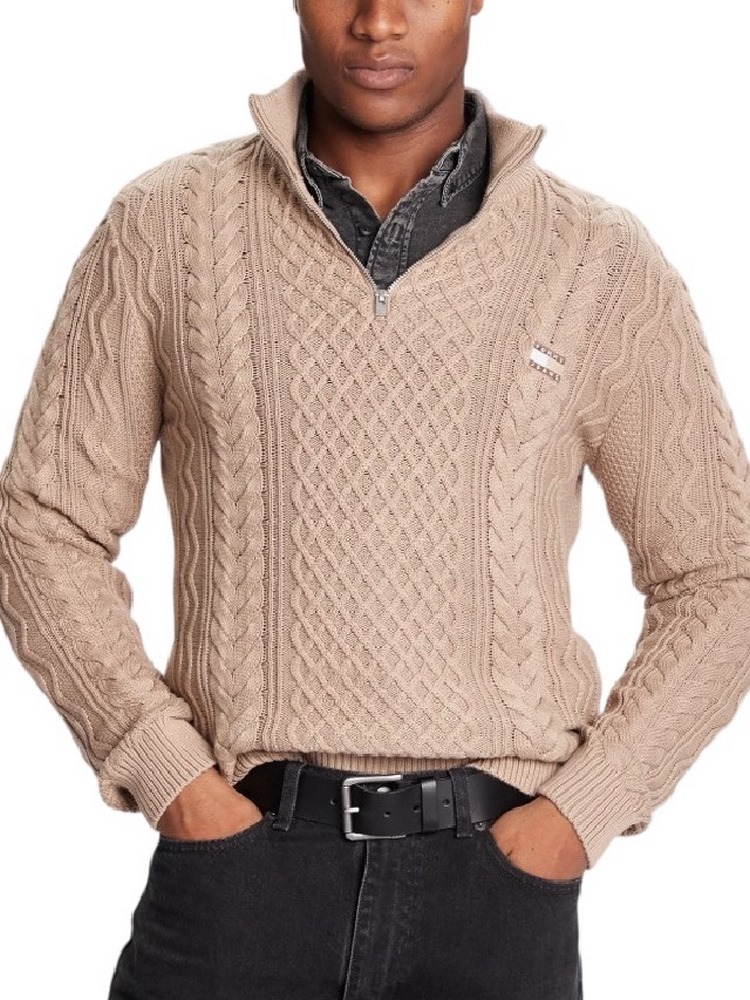 TOMMY JEANS  SLIM BADGE CABLE QRTR ZIP ΜΠΛΟΥΖΑ ΠΛΕΚΤΗ ΑΝΔΡΙΚΗ TAUPE