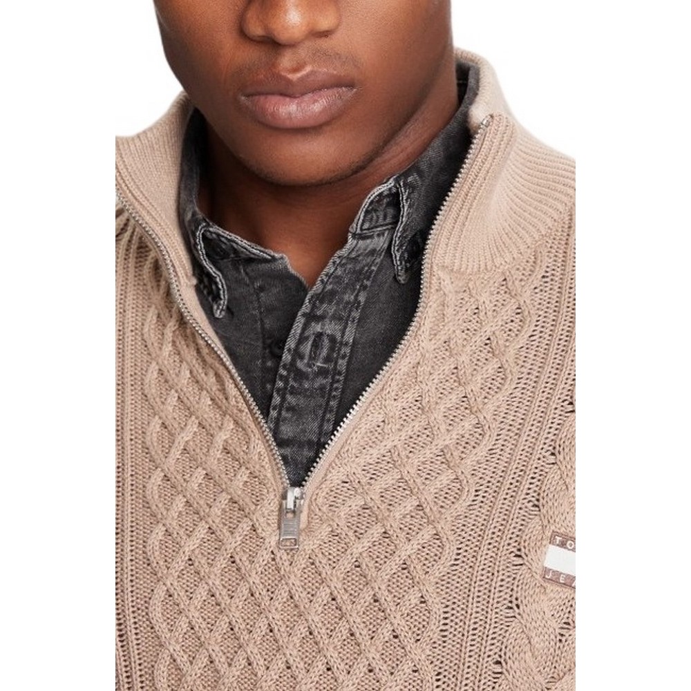TOMMY JEANS  SLIM BADGE CABLE QRTR ZIP ΜΠΛΟΥΖΑ ΠΛΕΚΤΗ ΑΝΔΡΙΚΗ TAUPE