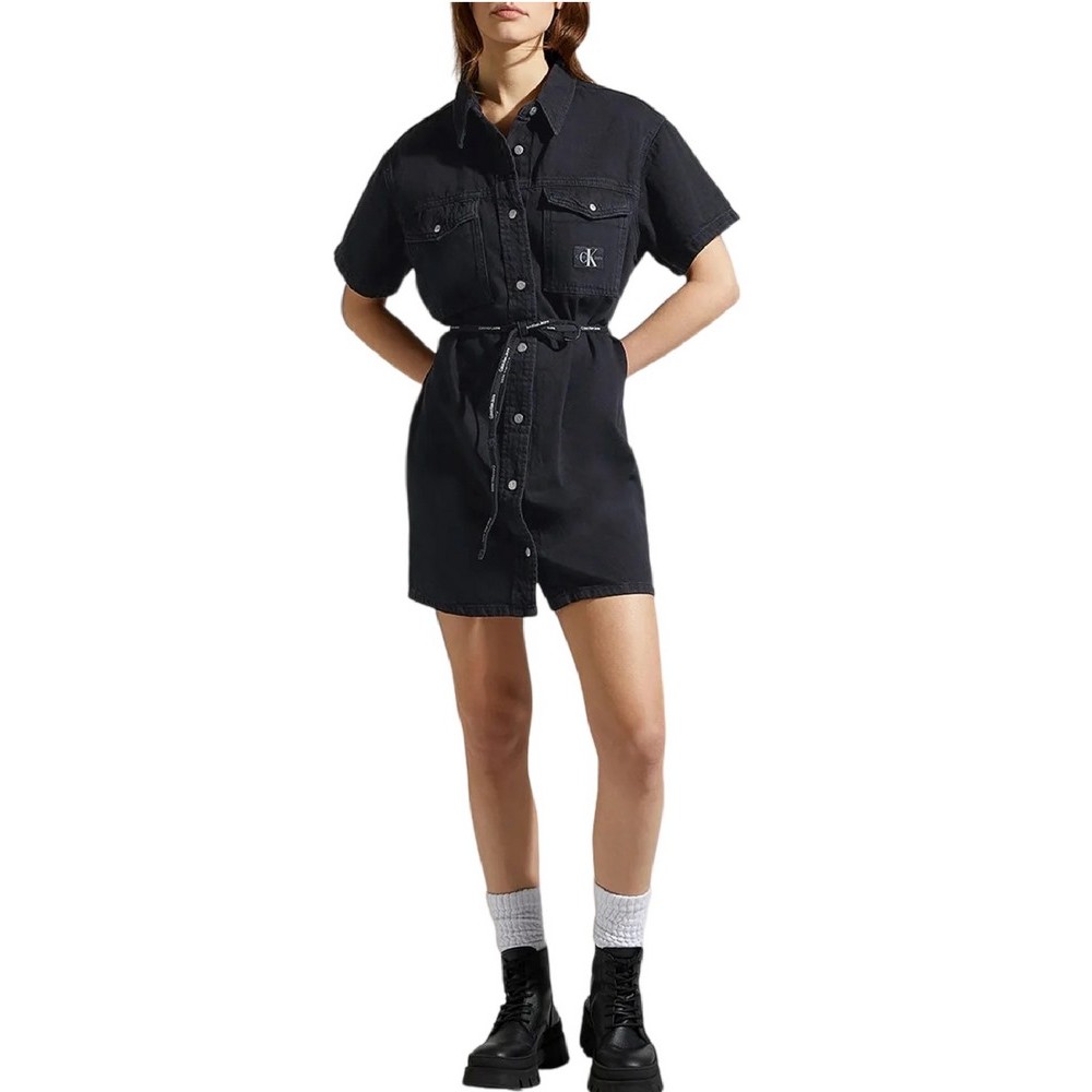 CALVIN KLEIN JEANS SHORT SLEEVE UTILITY SHIRT DRESS ΦΟΡΕΜΑ ΓΥΝΑΙΚΕΙΟ BLACK DENIM