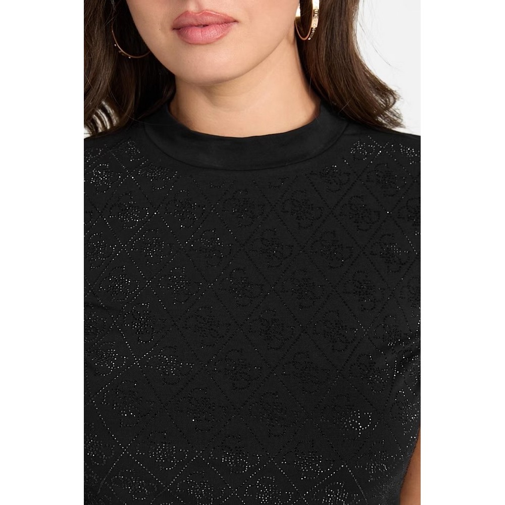GUESS MOCK NECK ALL OVER 4G TEE T-SHIRT ΜΠΛΟΥΖΑ ΓΥΝΑΙΚΕΙΑ BLACK