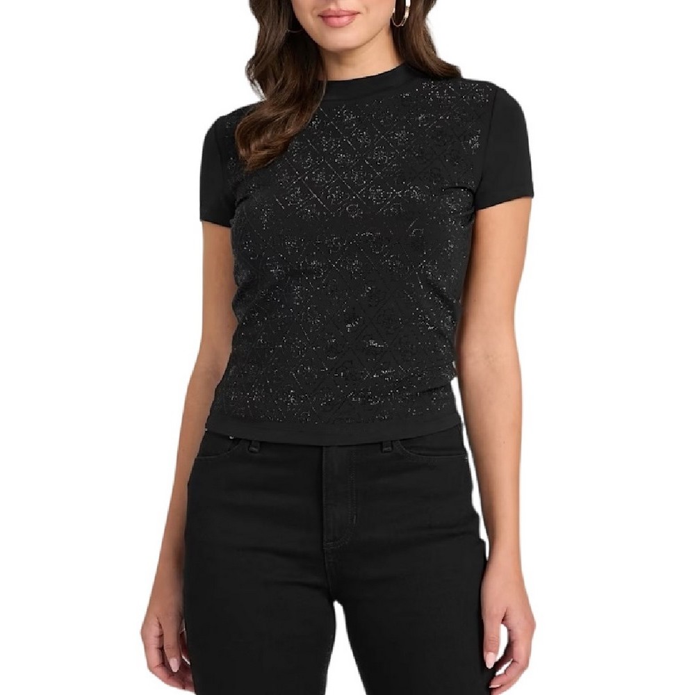 GUESS MOCK NECK ALL OVER 4G TEE T-SHIRT ΜΠΛΟΥΖΑ ΓΥΝΑΙΚΕΙΑ BLACK
