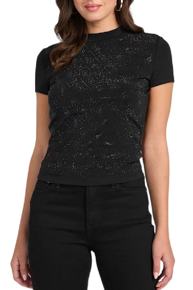 GUESS MOCK NECK ALL OVER 4G TEE T-SHIRT ΜΠΛΟΥΖΑ ΓΥΝΑΙΚΕΙΑ BLACK