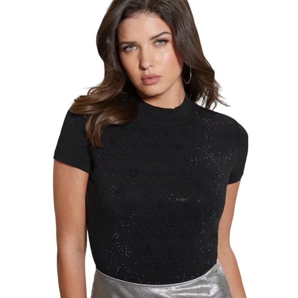 GUESS MOCK NECK ALL OVER 4G TEE T-SHIRT ΜΠΛΟΥΖΑ ΓΥΝΑΙΚΕΙΑ BLACK