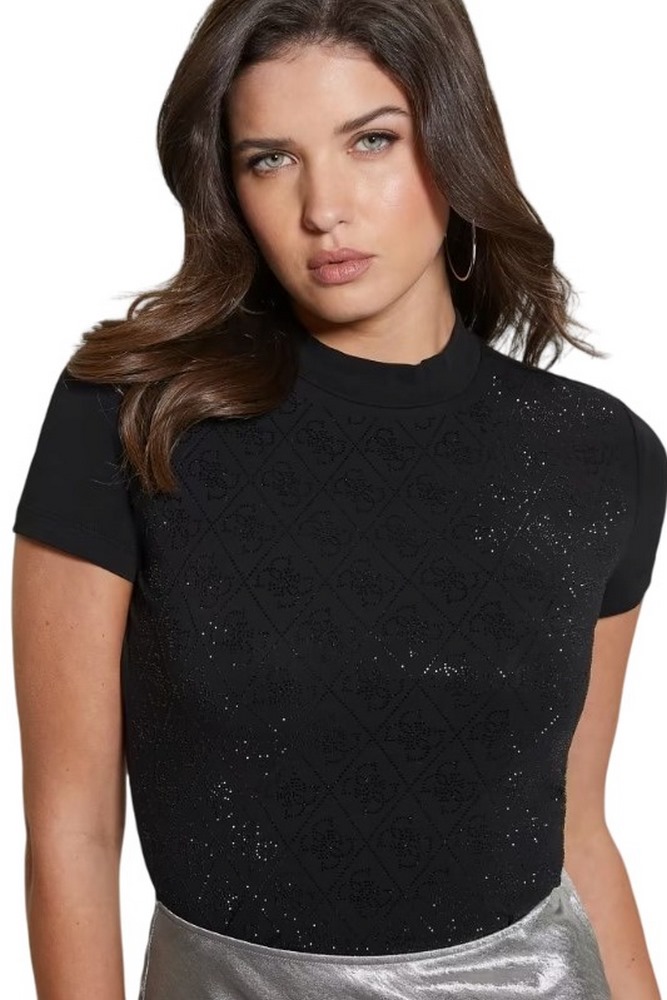 GUESS MOCK NECK ALL OVER 4G TEE T-SHIRT ΜΠΛΟΥΖΑ ΓΥΝΑΙΚΕΙΑ BLACK