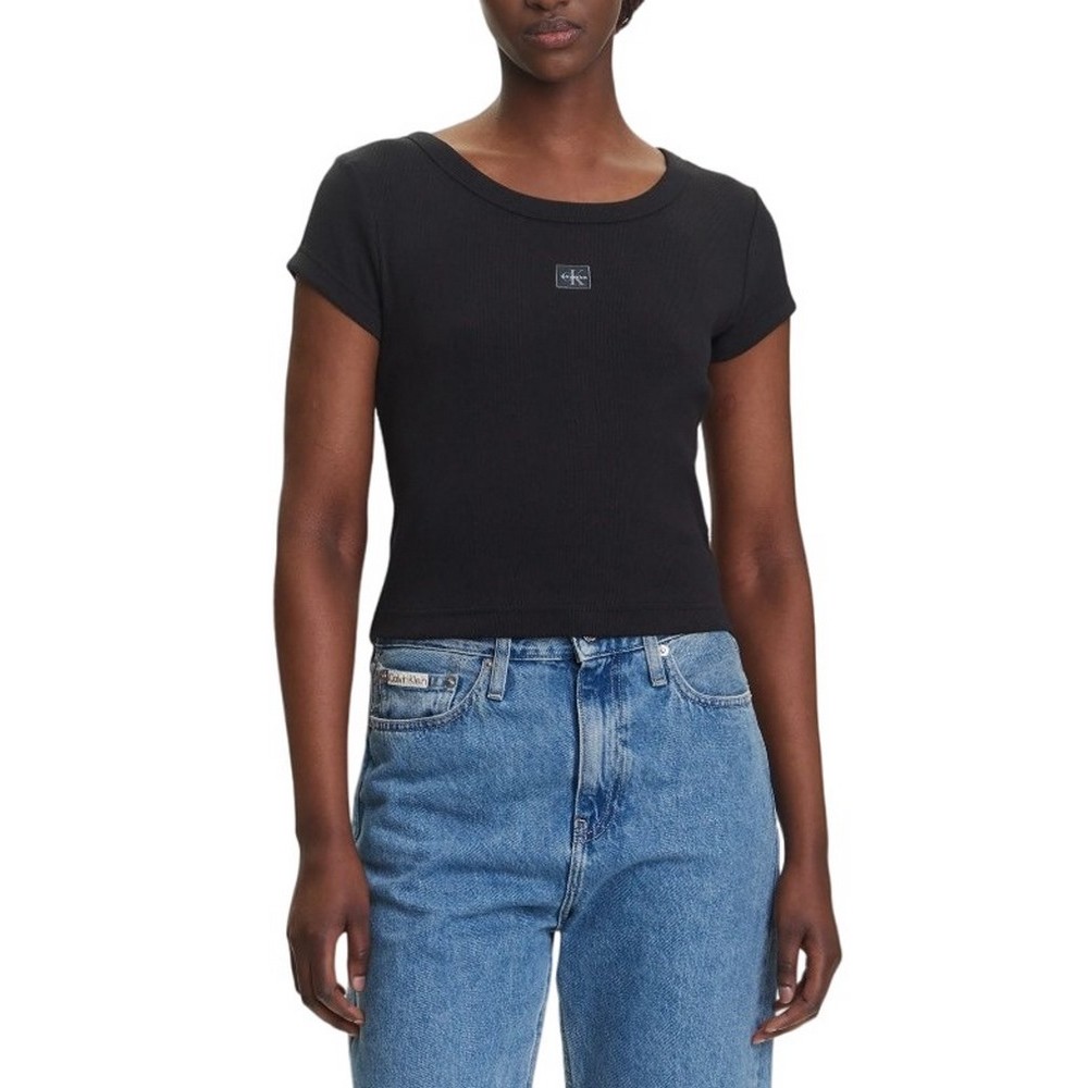 CALVIN KLEIN JEANS WOVEN LABEL 2X2 RIB BABY T-SHIRT ΜΠΛΟΥΖΑ ΓΥΝΑΙΚΕΙΑ BLACK