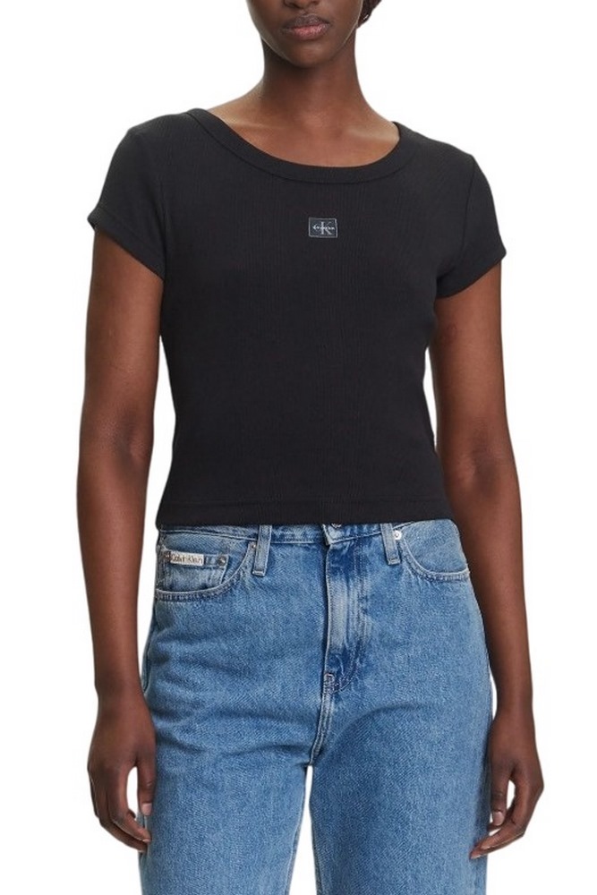 CALVIN KLEIN JEANS WOVEN LABEL 2X2 RIB BABY T-SHIRT ΜΠΛΟΥΖΑ ΓΥΝΑΙΚΕΙΑ BLACK