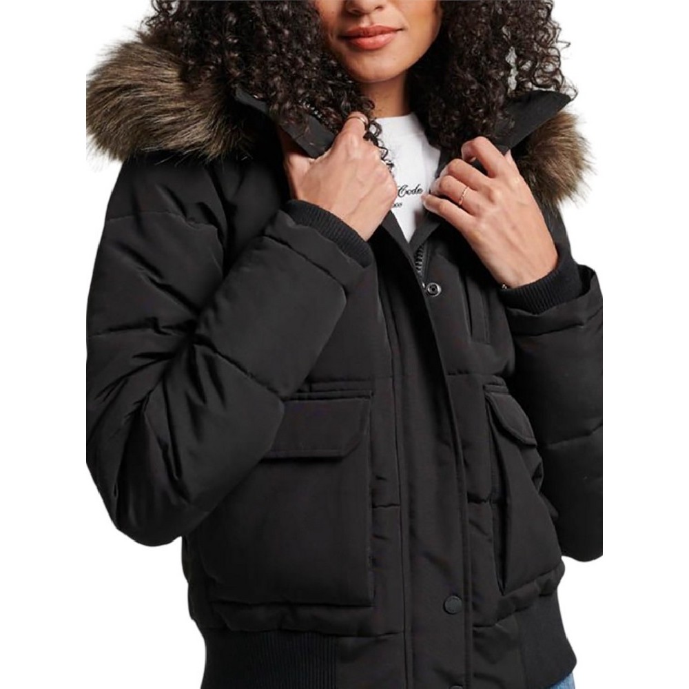 SUPERDRY D5 OVIN EVEREST HOODED PUFFER BOMBER ΜΠΟΥΦΑΝ ΓΥΝΑΙΚΕΙΟ BLACK