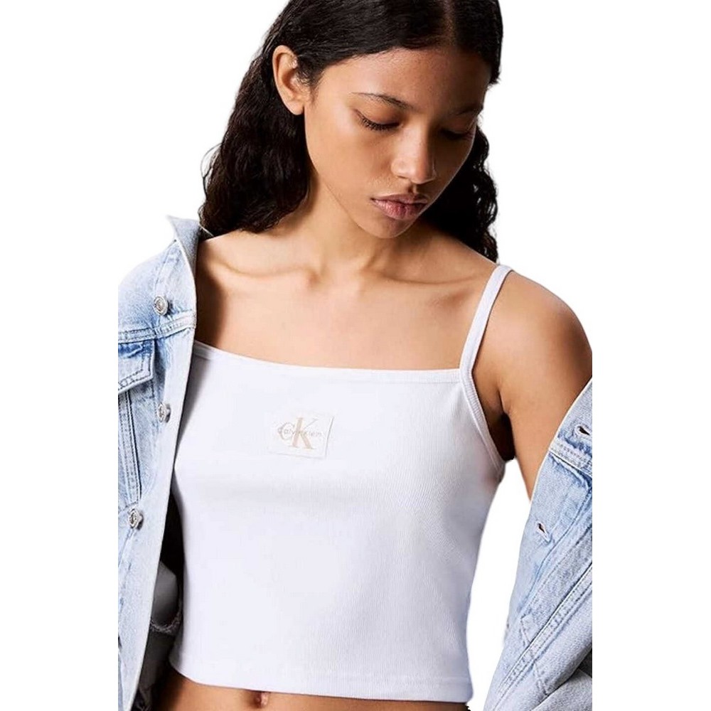 CALVIN KLEIN JEANS A- WOVEN LABEL RIB CAMI ΤΟΠ ΓΥΝΑΙΚΕΙΟ WHITE