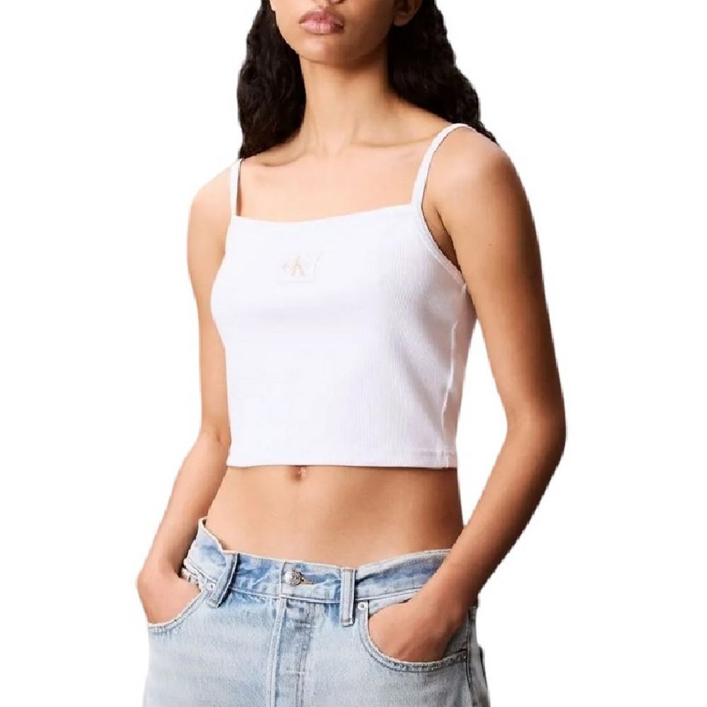 CALVIN KLEIN JEANS A- WOVEN LABEL RIB CAMI ΤΟΠ ΓΥΝΑΙΚΕΙΟ WHITE