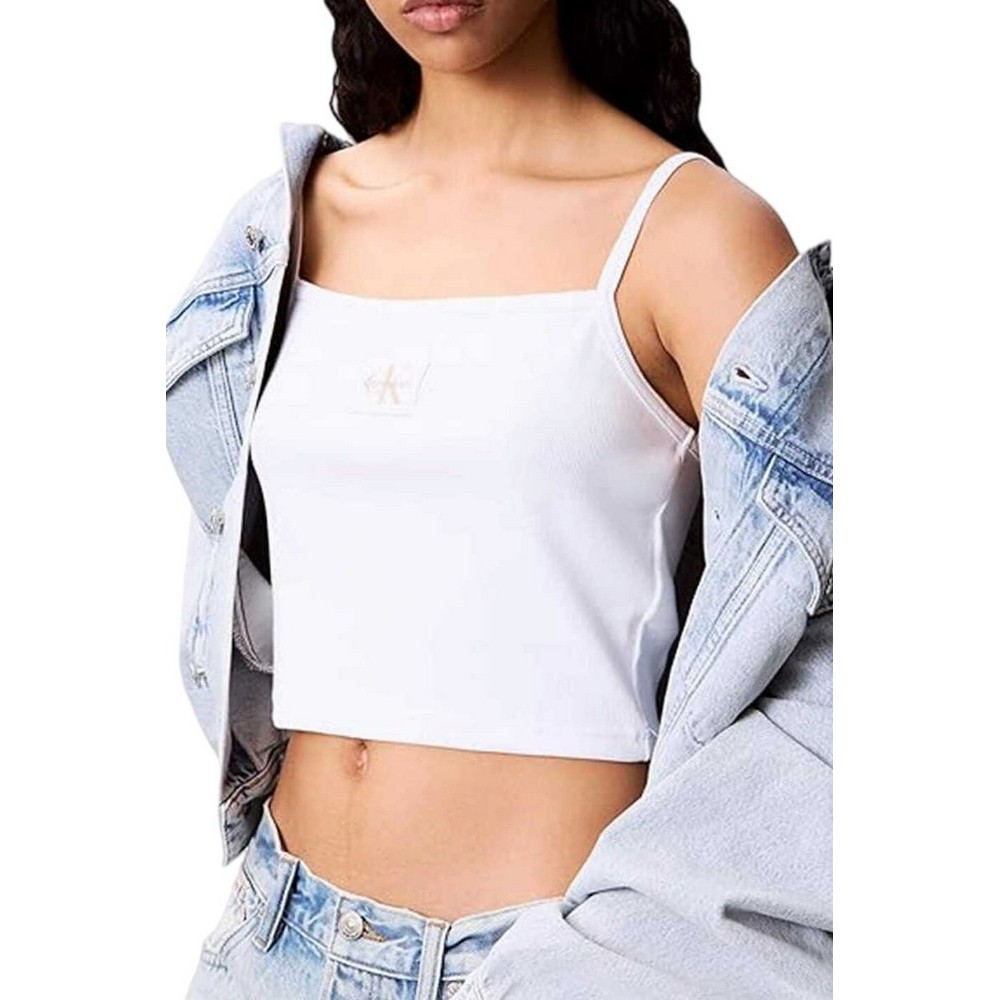 CALVIN KLEIN JEANS A- WOVEN LABEL RIB CAMI ΤΟΠ ΓΥΝΑΙΚΕΙΟ WHITE