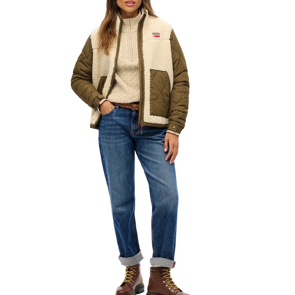 SUPERDRY D1 OVIN FLEECE HYBRID JACKET ΜΠΟΥΦΑΝ ΓΥΝΑΙΚΕΙΟ BEIGE