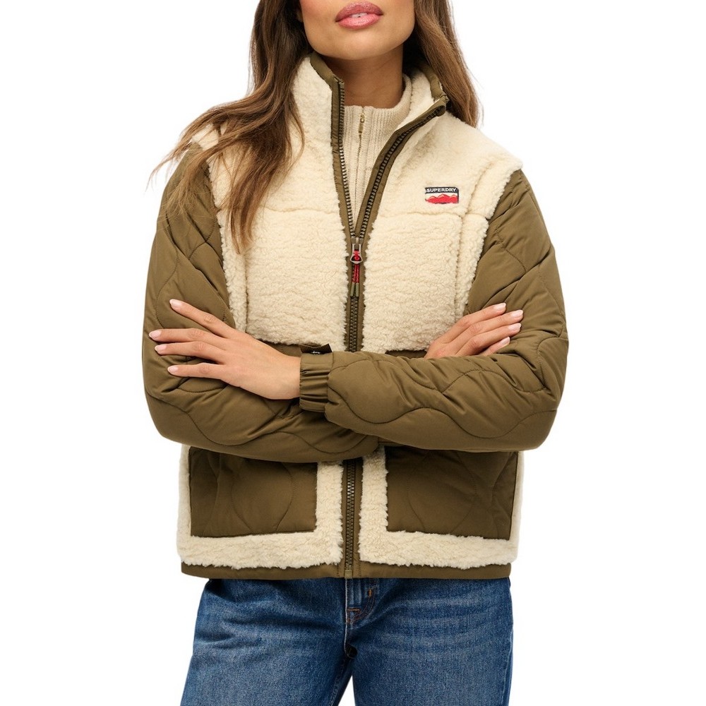 SUPERDRY D1 OVIN FLEECE HYBRID JACKET ΜΠΟΥΦΑΝ ΓΥΝΑΙΚΕΙΟ BEIGE