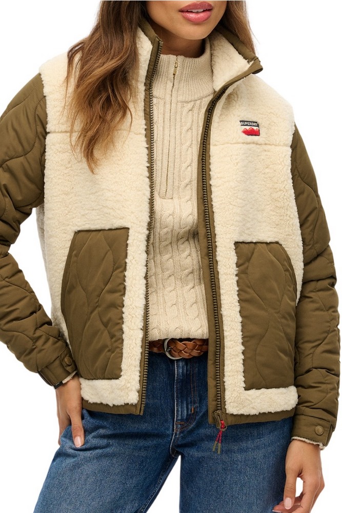 SUPERDRY D1 OVIN FLEECE HYBRID JACKET ΜΠΟΥΦΑΝ ΓΥΝΑΙΚΕΙΟ BEIGE
