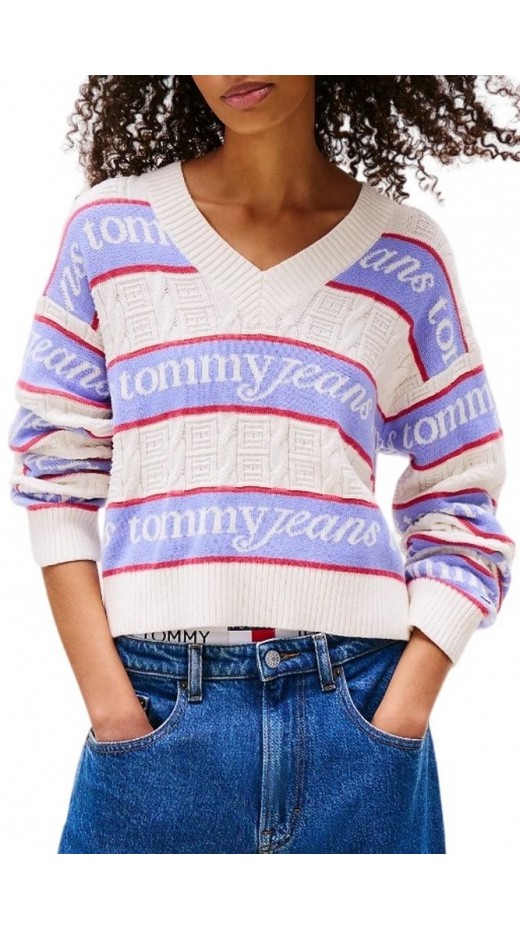 TOMMY JEANS STRIPE LOGO SWEATER EXT ΜΠΛΟΥΖΑ ΠΛΕΚΤΗ ΓΥΝΑΙΚΕΙΑ OFF WHITE
