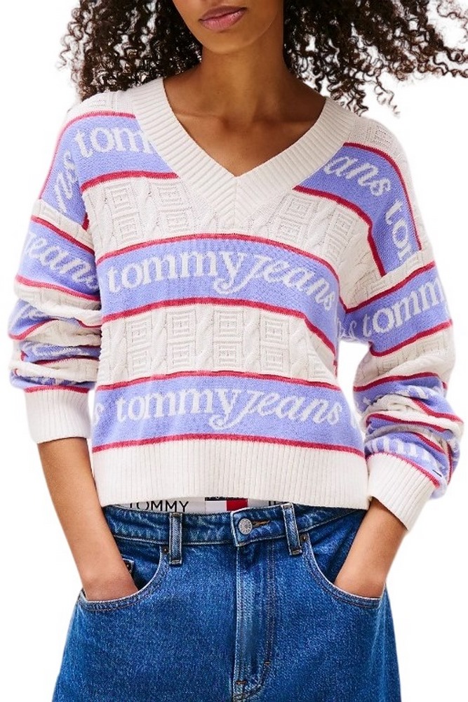 TOMMY JEANS STRIPE LOGO SWEATER EXT ΜΠΛΟΥΖΑ ΠΛΕΚΤΗ ΓΥΝΑΙΚΕΙΑ OFF WHITE