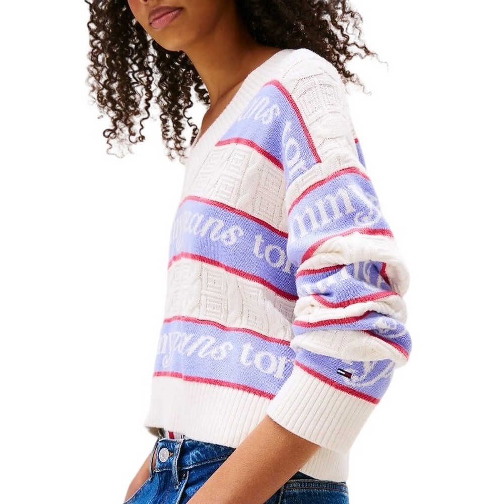 TOMMY JEANS STRIPE LOGO SWEATER EXT ΜΠΛΟΥΖΑ ΠΛΕΚΤΗ ΓΥΝΑΙΚΕΙΑ OFF WHITE