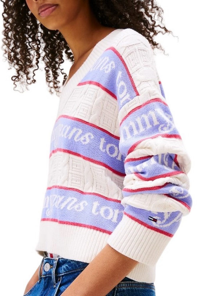 TOMMY JEANS STRIPE LOGO SWEATER EXT ΜΠΛΟΥΖΑ ΠΛΕΚΤΗ ΓΥΝΑΙΚΕΙΑ OFF WHITE