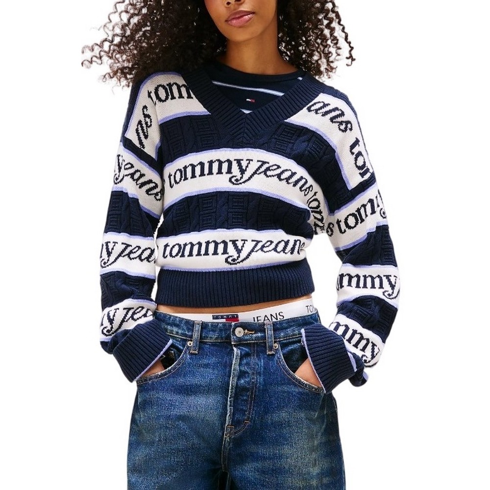 TOMMY JEANS STRIPE LOGO SWEATER EXT ΜΠΛΟΥΖΑ ΠΛΕΚΤΗ ΓΥΝΑΙΚΕΙΑ NAVY