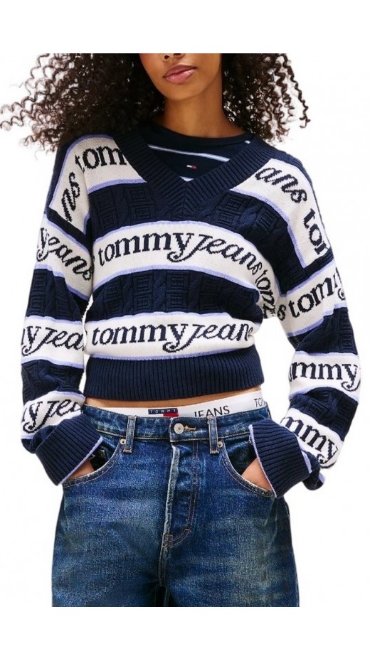 TOMMY JEANS STRIPE LOGO SWEATER EXT ΜΠΛΟΥΖΑ ΠΛΕΚΤΗ ΓΥΝΑΙΚΕΙΑ NAVY