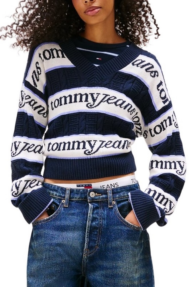 TOMMY JEANS STRIPE LOGO SWEATER EXT ΜΠΛΟΥΖΑ ΠΛΕΚΤΗ ΓΥΝΑΙΚΕΙΑ NAVY