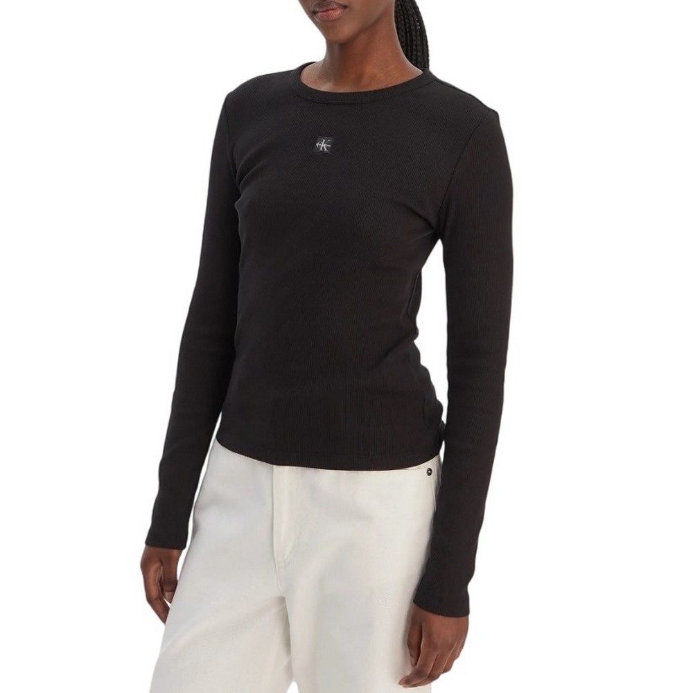 CALVIN KLEIN JEANS LS WOVEN LABEL 2X2 RIB CREW TOP ΜΠΛΟΥΖΑ ΓΥΝΑΙΚΕΙΑ BLACK