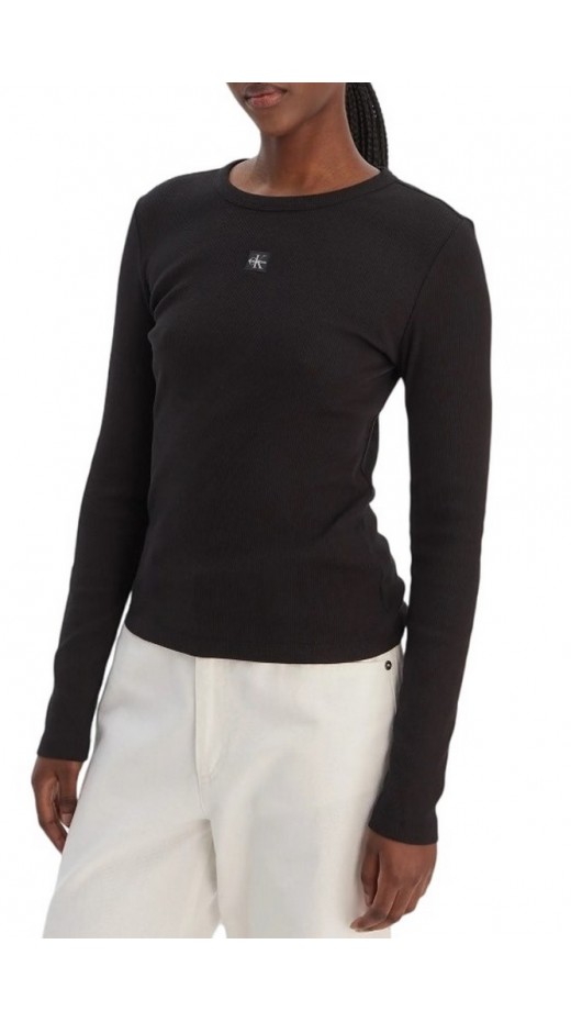 CALVIN KLEIN JEANS LS WOVEN LABEL 2X2 RIB CREW TOP ΜΠΛΟΥΖΑ ΓΥΝΑΙΚΕΙΑ BLACK