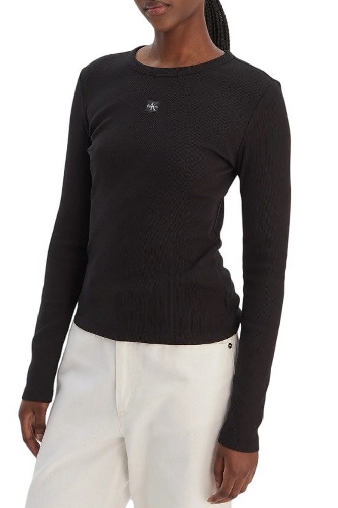 CALVIN KLEIN JEANS LS WOVEN LABEL 2X2 RIB CREW TOP ΜΠΛΟΥΖΑ ΓΥΝΑΙΚΕΙΑ BLACK