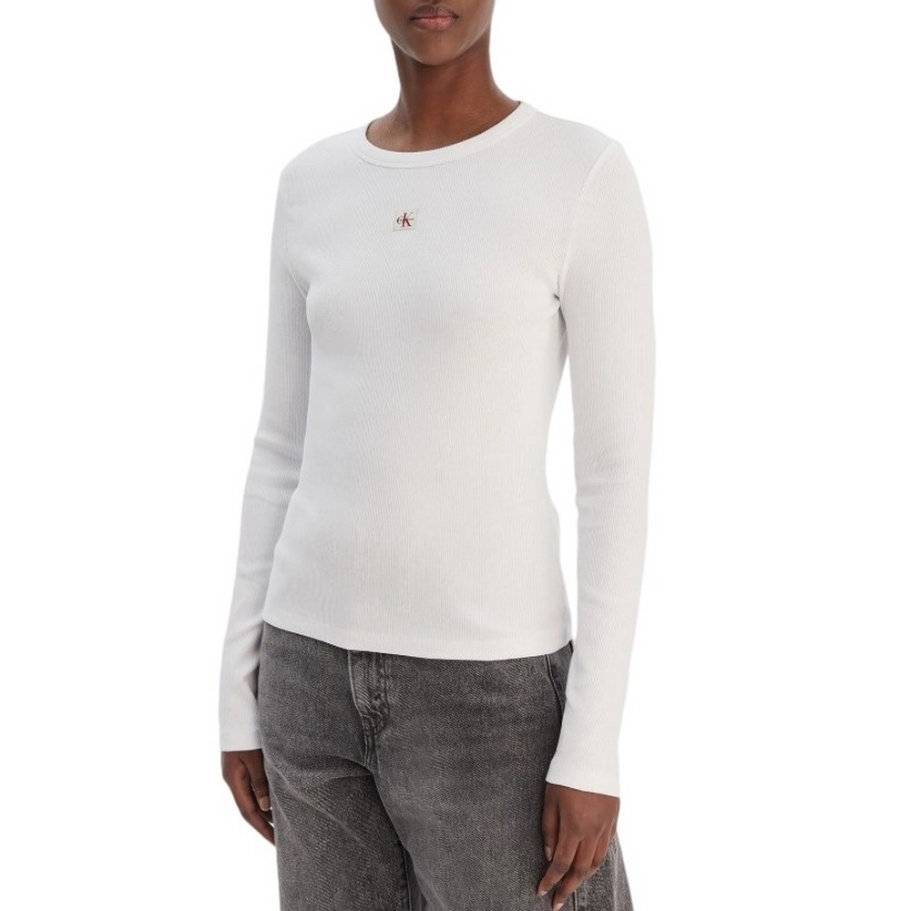 CALVIN KLEIN JEANS LS WOVEN LABEL 2X2 RIB CREW TOP ΜΠΛΟΥΖΑ ΓΥΝΑΙΚΕΙΑ WHITE