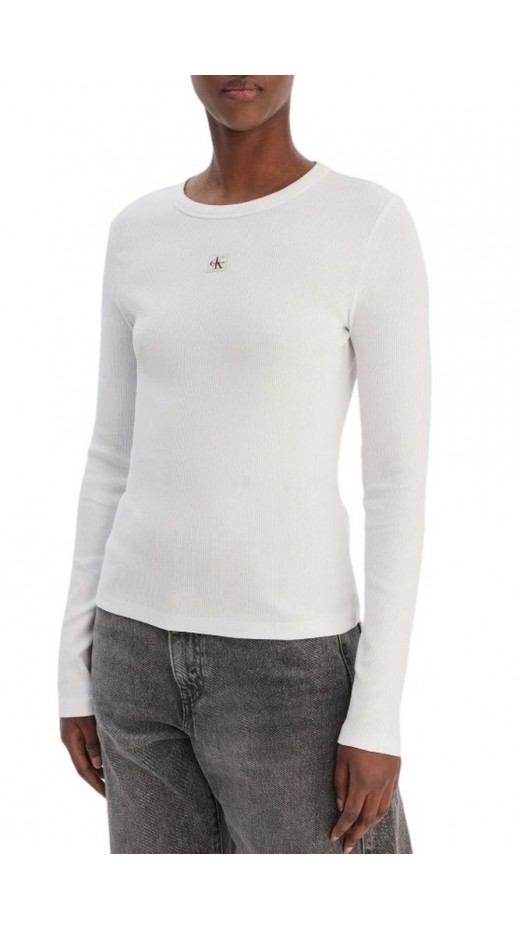 CALVIN KLEIN JEANS LS WOVEN LABEL 2X2 RIB CREW TOP ΜΠΛΟΥΖΑ ΓΥΝΑΙΚΕΙΑ WHITE